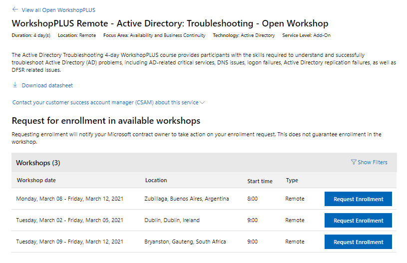 Workshop PLUS event page, which is showing a list of workshop dates that the user can enroll in.