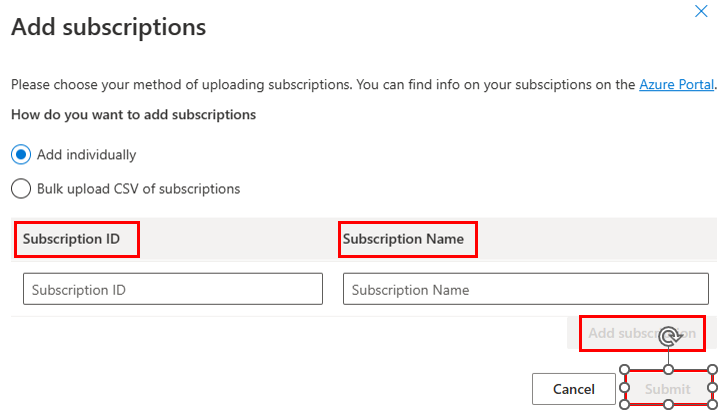 The pane where you add individual subscriptions.