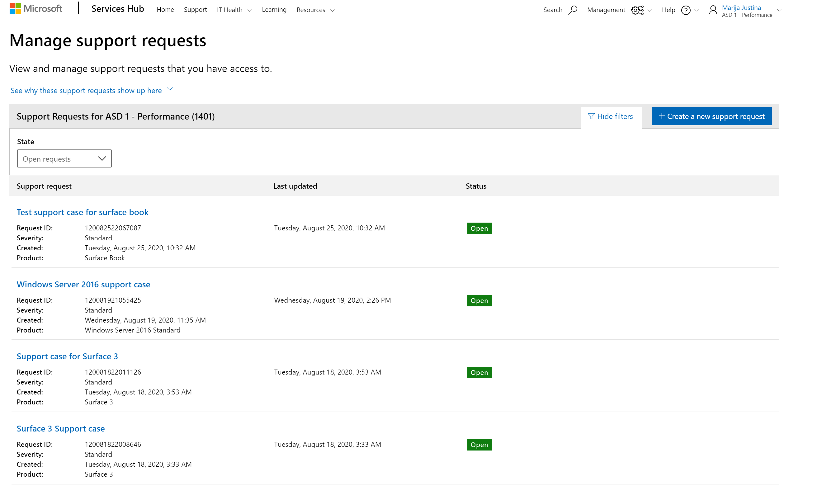 Manage support requests page that shows a list of a user's active support cases.