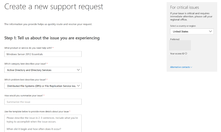 Create new Support request