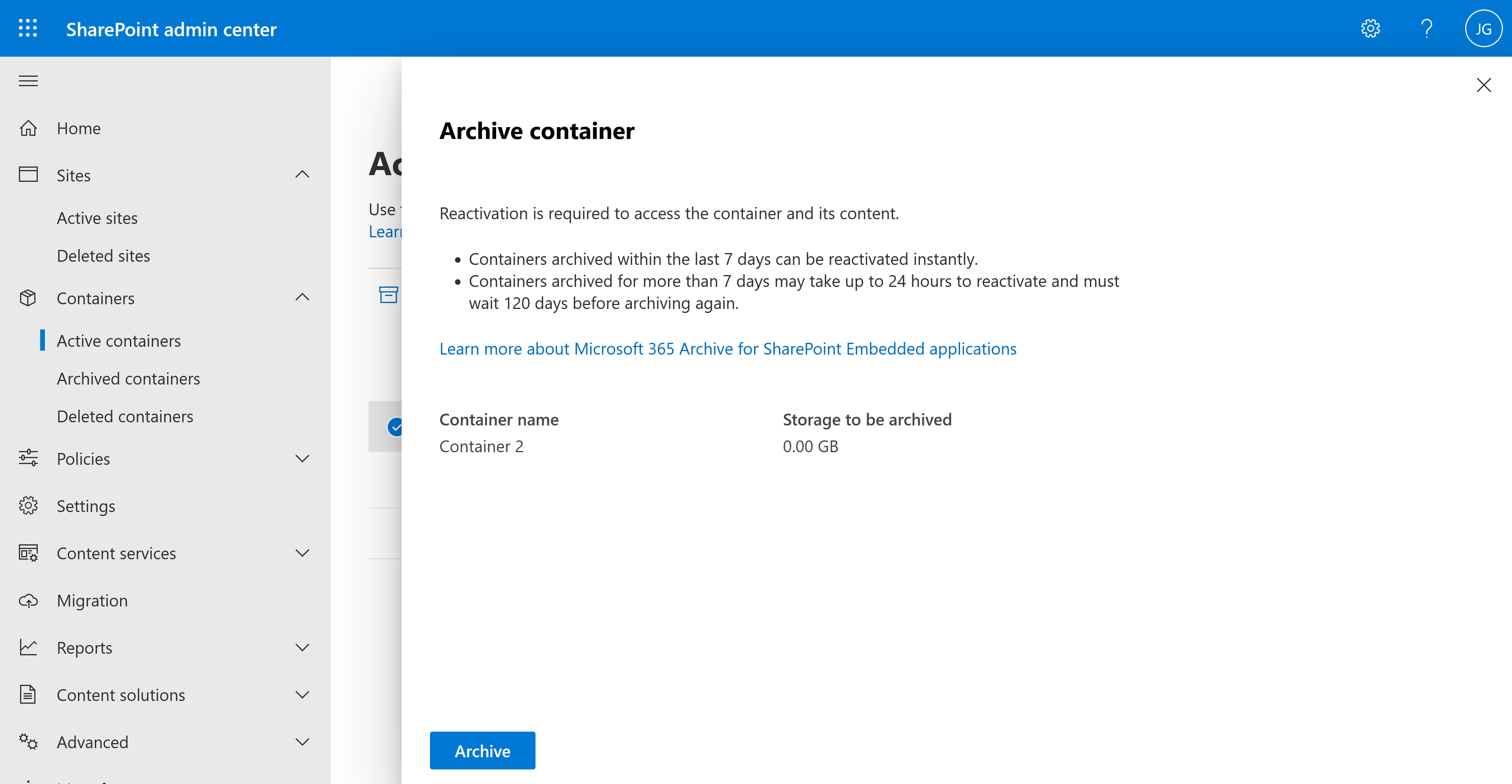 Archive Containers Confirmation Panel