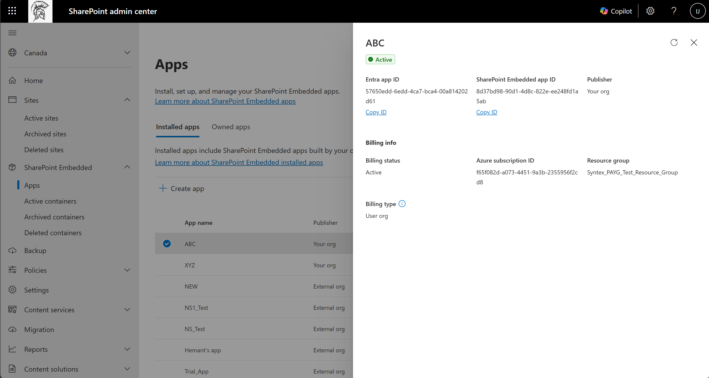 App details panel for an installed app, showing an Active status, the Microsoft Entra ID app ID, the SharePoint Embedded app ID, the publisher, and billing info that includes billing status, Azure subscription ID, resource group, and billing type.