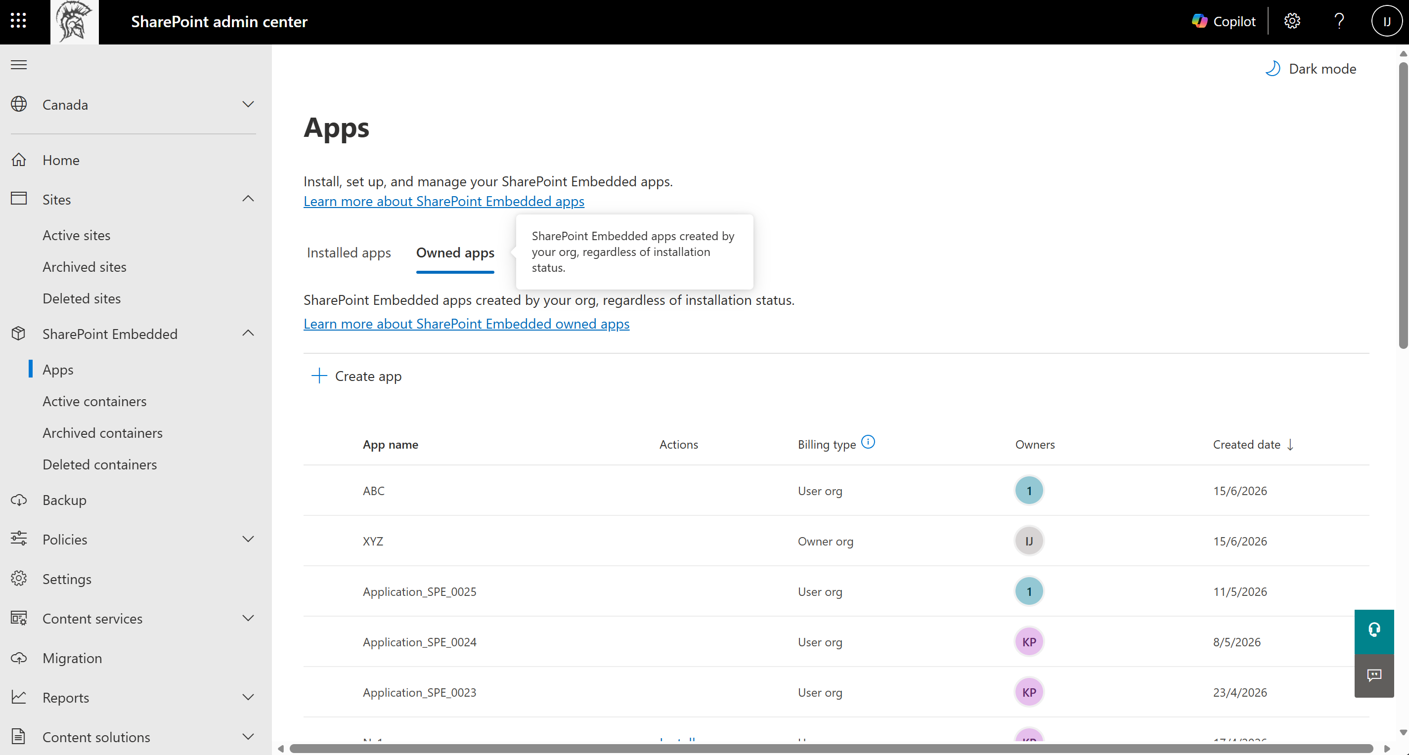 SharePoint admin center Apps page on the Owned apps tab, listing apps created by the organization with columns for app name, actions, billing type, owners, and created date.