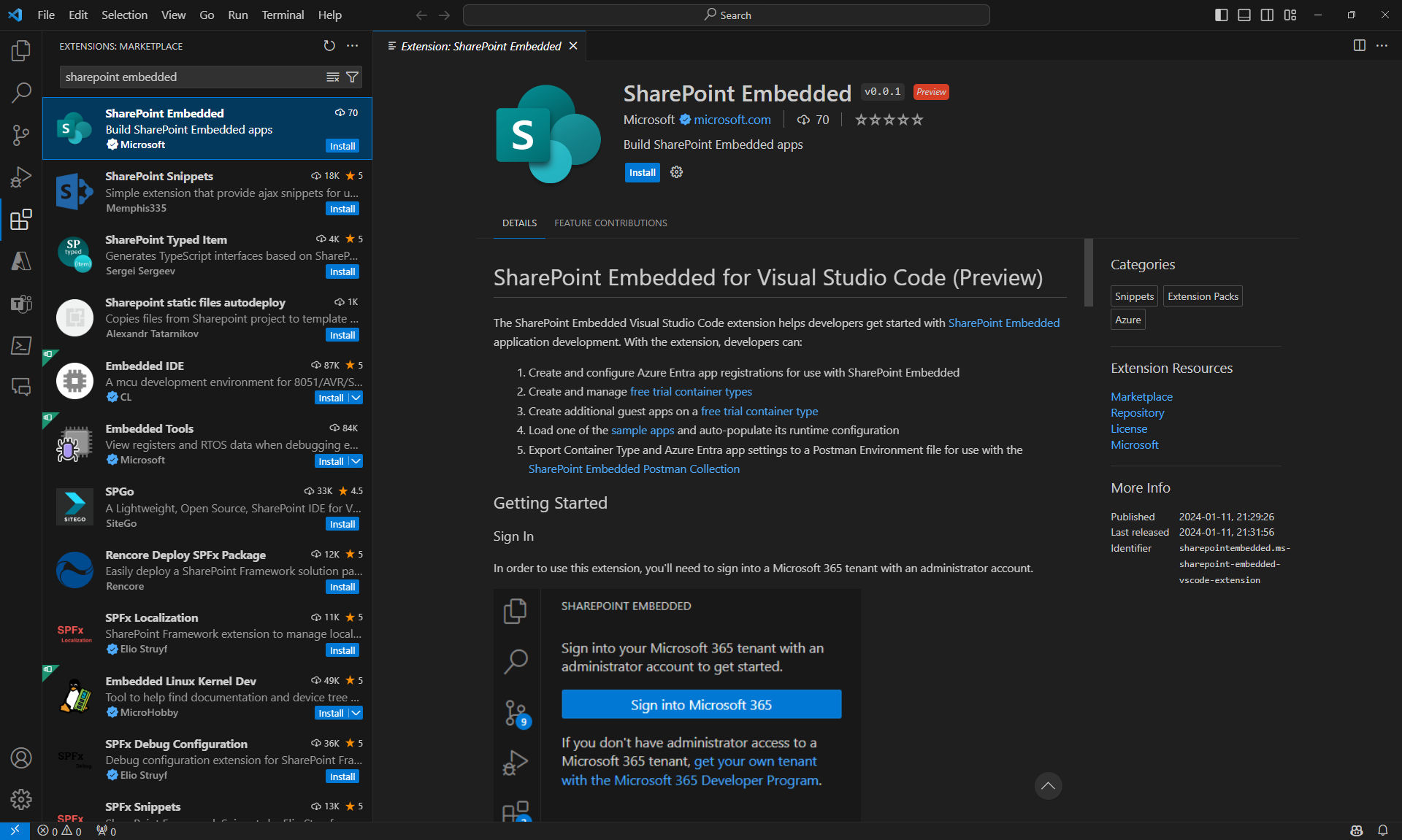 SharePoint Embedded on Visual Studio Code Marketplace