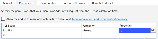 The list of permissions on the Permissions tab in the Visual Studio add-in manifest designer with the Edit button visible in the cell of the Properties column.