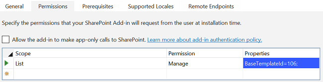 The Permissions tab of the add-in manifest designer in Visual Studio showing that the add-in wants Manage permission to lists that have base type 106.
