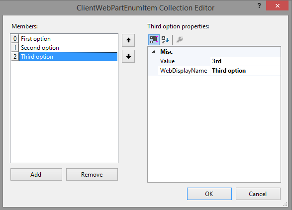 The Client web part Enum Item Collection Editor with 3 items listed and each one having a Value attribute and a Web Display Name attribute.