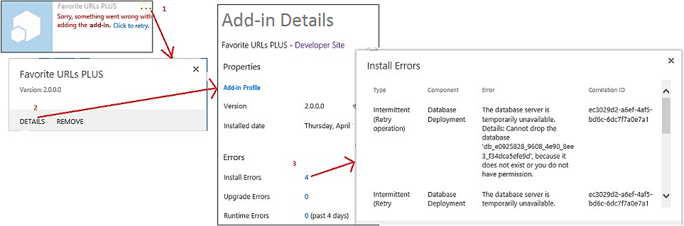 Steps to see add-in installation errors in SharePoint.