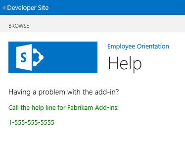 A SharePoint page with title "Help". There is a header line in black, followed by two text lines in green.