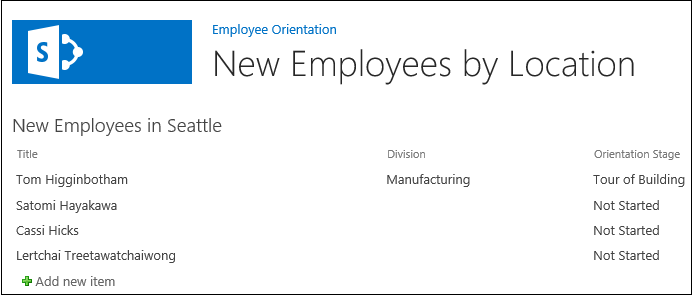 Default page of the add-in with the "New Employees in Seattle" list displayed in a web part.