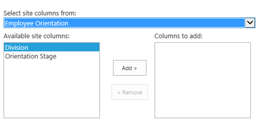 The SharePoint column selection control, with Employee Orientation selected in the drop-down labelled Select site columns.