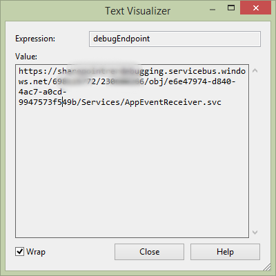 A Visual Studio text visualizer with an Azure Service Bus URL in it.