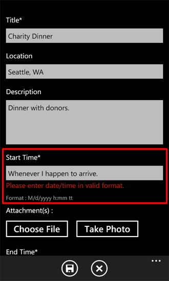 Validation error cue in a Windows Phone app