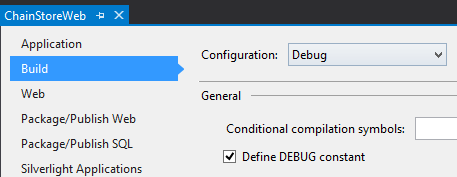 The Build sub-tab of the Properties tab in Visual Studio. The Configuration drop-down is set to Debug. The check box for "Define DEBUG constant" is selected.