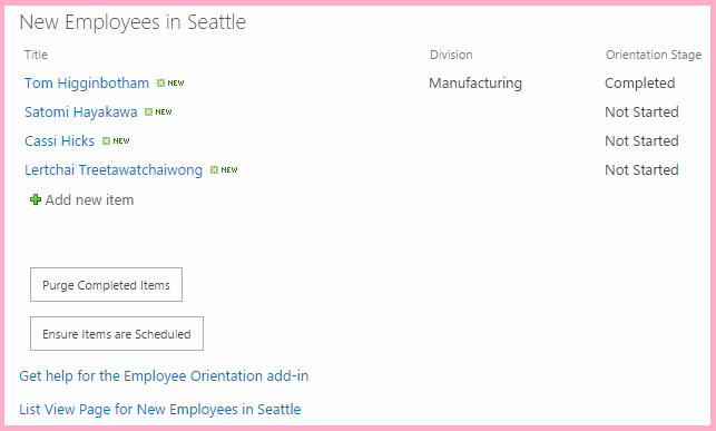 The Employee Orientation home page with a new button added that has the label "Ensure Items are Scheduled".