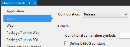 The Build sub-tab of the Properties tab. The Configuration drop down says Release. The check box for "Define DEBUG constant" is not checked.