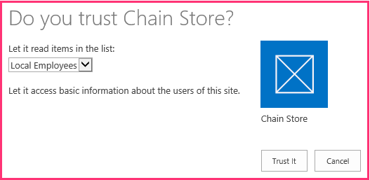 The SharePoint add-in permission prompt with the list named Local Employees selected in a drop-down that is labeled "Let it read items in the list"