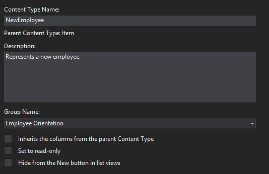 The Content Type Designer showing 'NewEmployee' as the type name, 'Represents a new employee' as the description, and 'Employee Orientation' as the group.