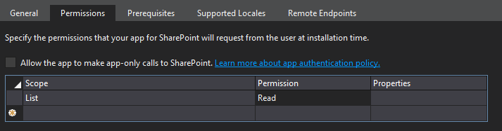 The Permissions tab of the add-in manifest designer showing the Scope to List and the Permission to be Read.