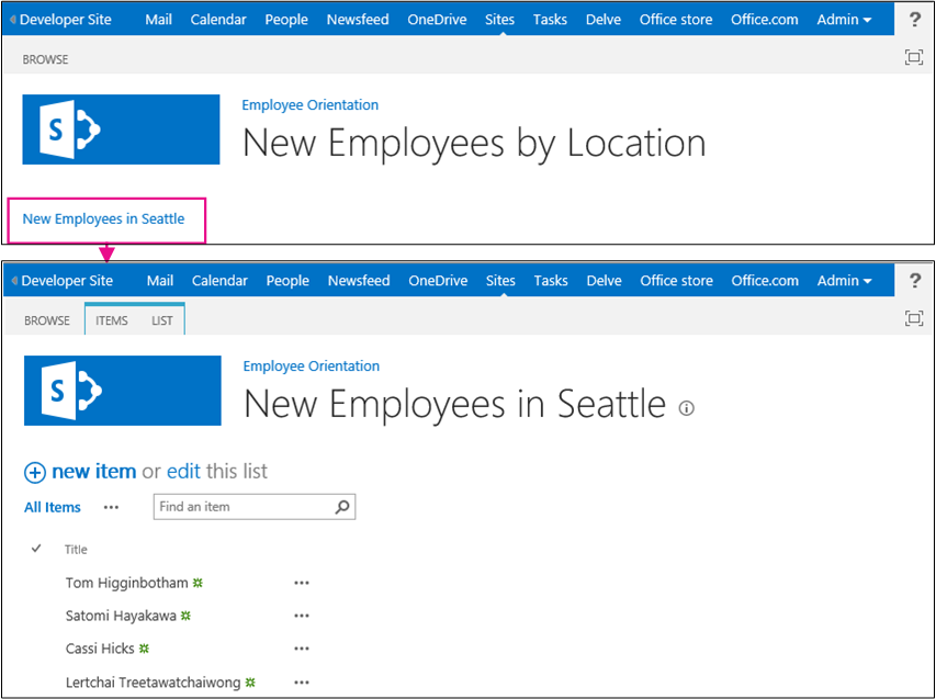 The add-in's default page is shown with its title New Employees by Location. There is a link labeled New Employees in Seattle. An arrow from this link points to the list view page for the list. It is titled New Employees in Seattle, with the list below.