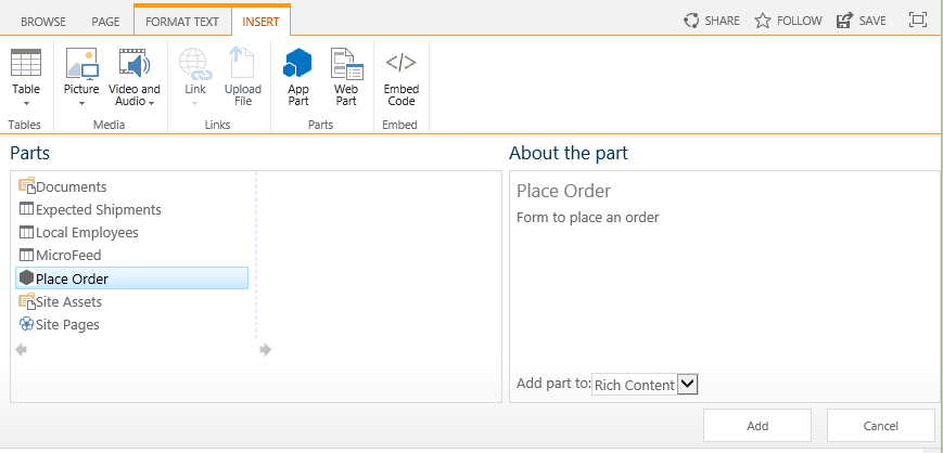 SharePoint's web part insertion control. The part called "Place Order" is highlighted. Its name and description appears in a box at the right.