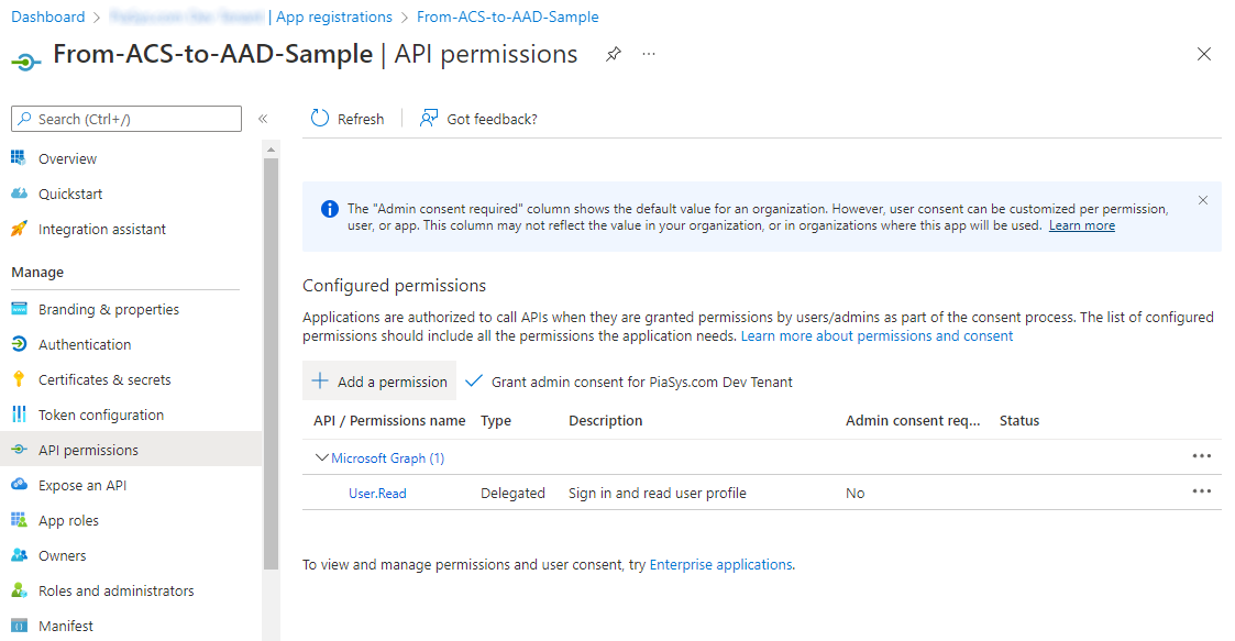 The interface to add permissions to an Azure AD application. You can click on the "Add a permission" button to start adding new permissions.