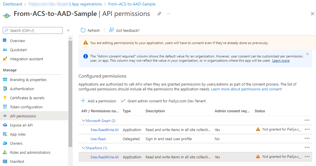 The interface to grant consent for permission of an Azure AD application. You can click on the "Grant admin consent for ..." button and grant permission to the application.
