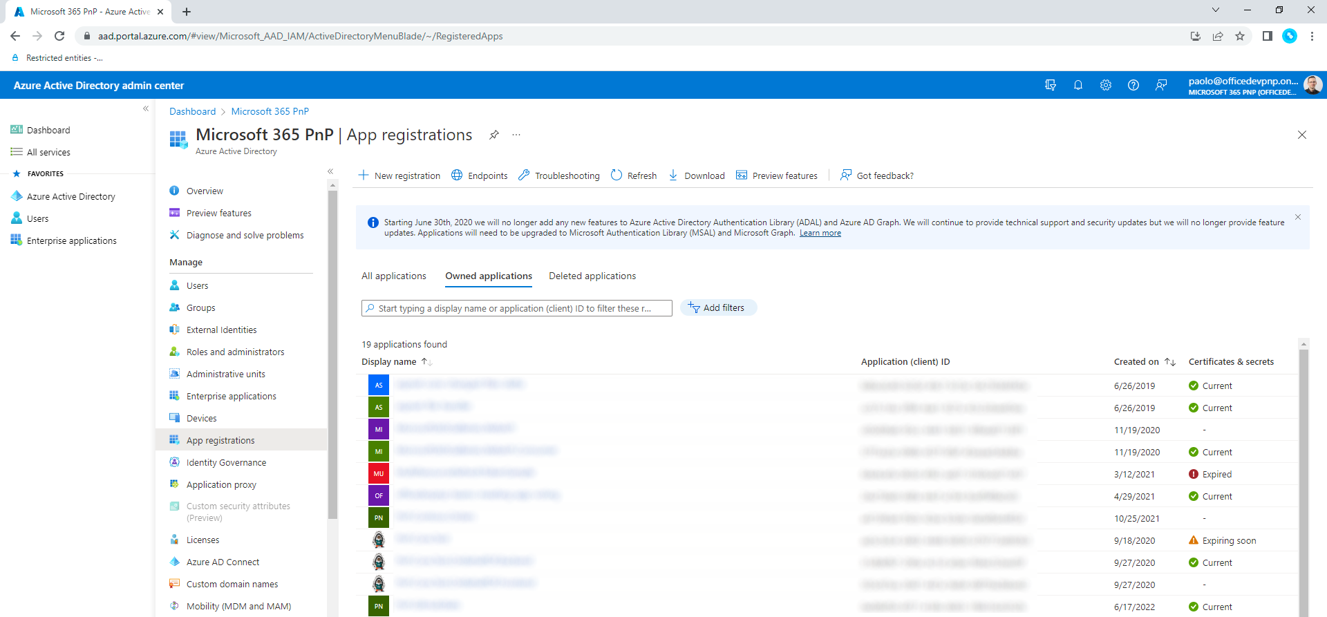 The Azure AD blade with the App registrations section highligted. There is a list of registered applications and you can add new applications by clicking on the New registration button.