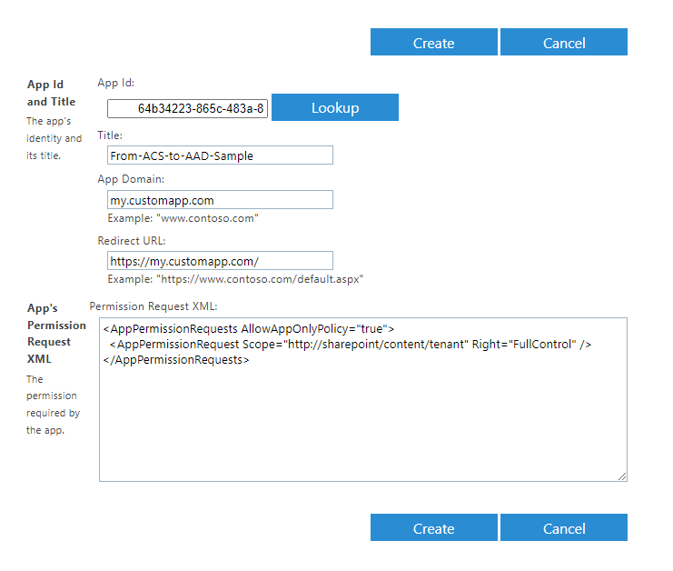 The Application Inventory page with form fields to grant permissions to the application in ACS. The fields are: App Id, a lookup button to search for the app by App Id, information fields about the application, and the App's Permission Request XML to define the permissions to grant to the application.
