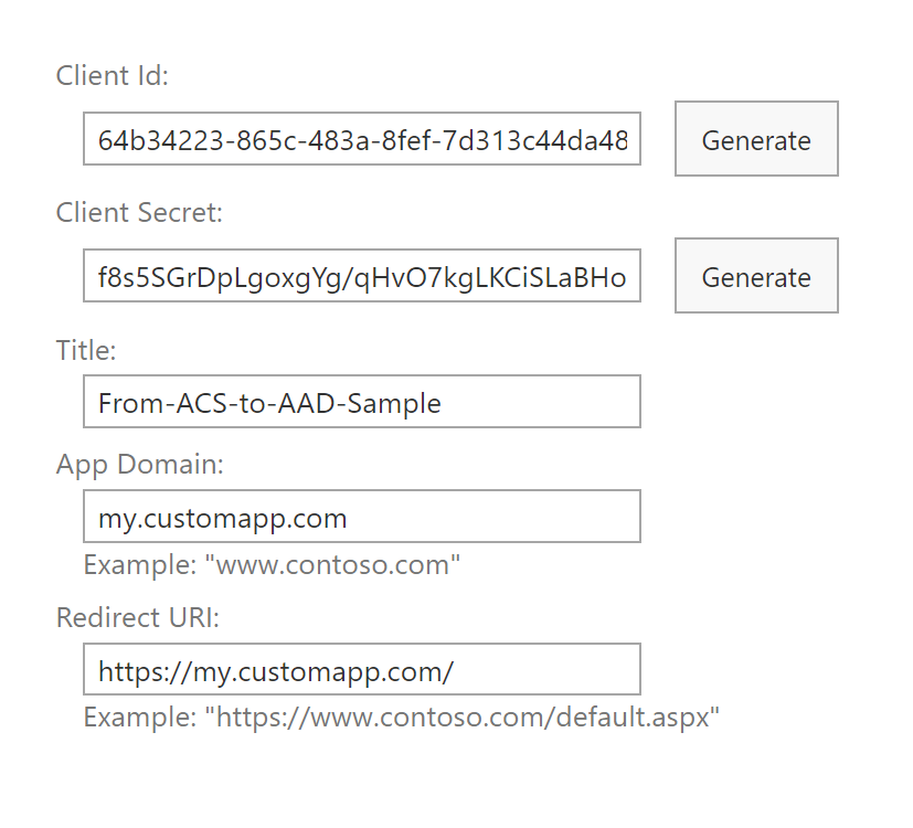 The Application Registration page with form fields to register an application in ACS. The fields are: Client Id, Client Secret, Title, App Domain, and Redirect URI.