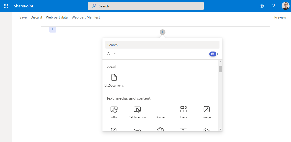 The UI of SharePoint Framework Workbench to test SharePoint Framework components. The image shows how to add a custom web part to the workbench.