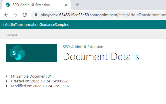 The UI of the UI Extension when rendering the details of a document.