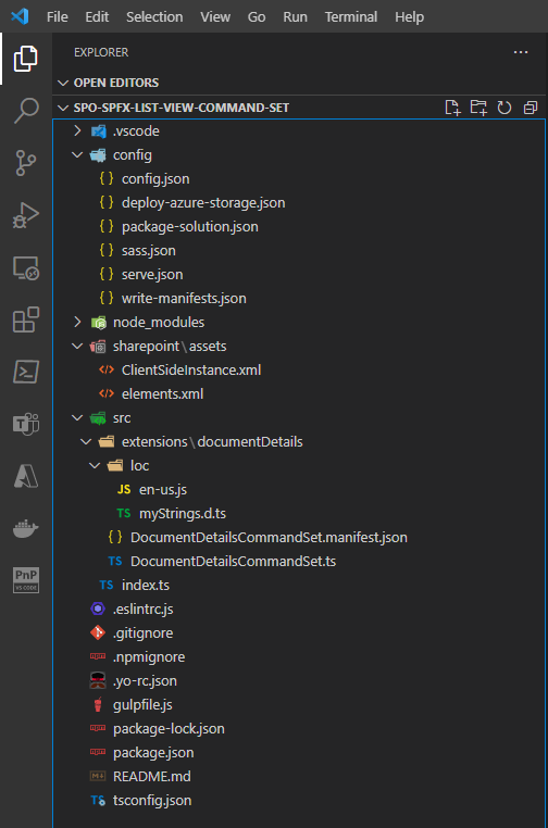 The outline of the SharePoint Framework generated solution.