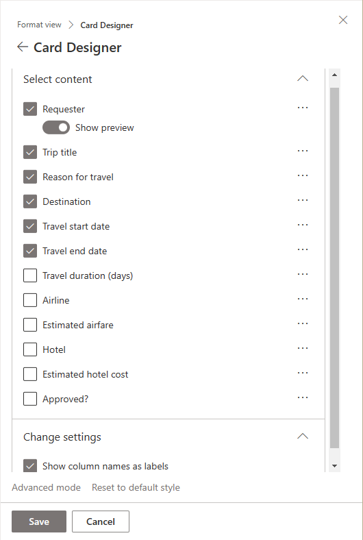 The side panel to configure the Gallery layout and the "Card designer".