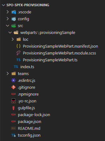 The outline of the SharePoint Framework generated solution. There are auto-generated folders like config, src, teams, and the common client-side project files like package.json, tsconfig.json, etc.