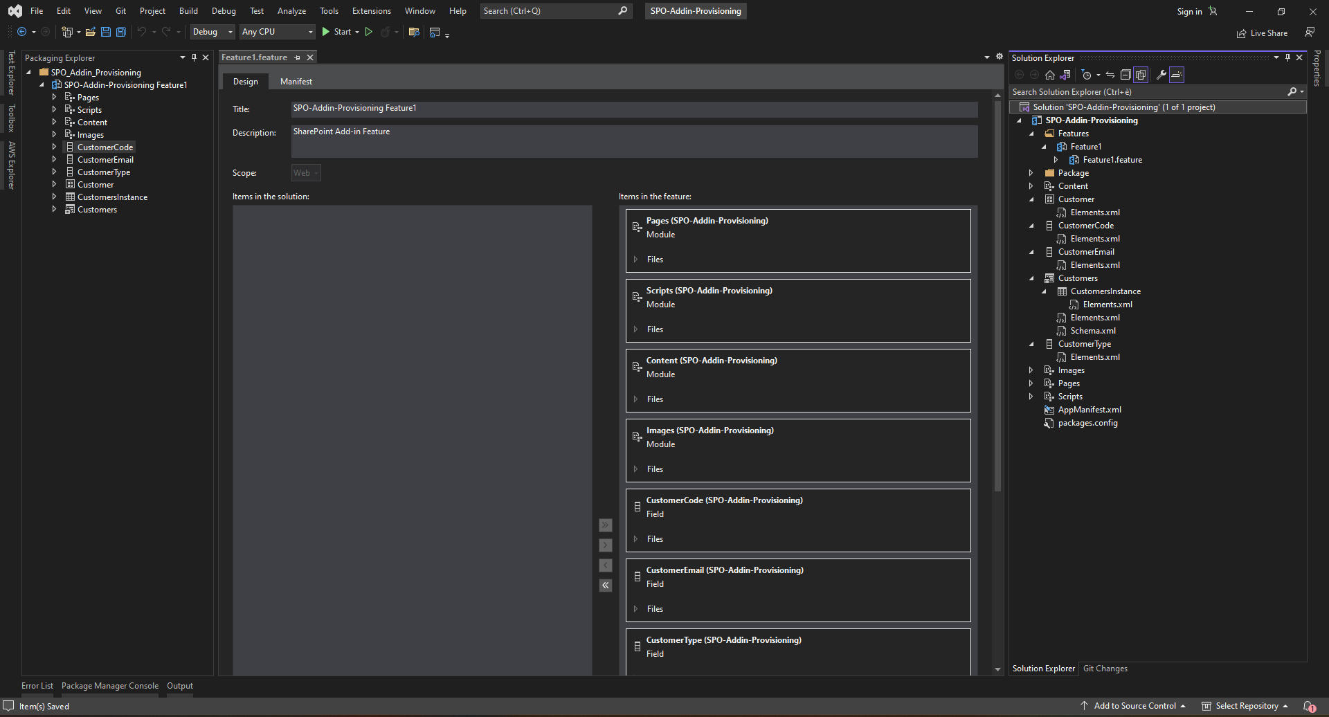 The outline of a SharePoint Add-in Model solution in Visual Studio. On the left, there is the Packaging Explorer to see what will be included in the deployment package. In the middle of the screen, there is the outline of a feature that will be provisioned onto the target site. On the right, there is the outline of the solution with three custom columns, one custom content type, and a custom list definition.