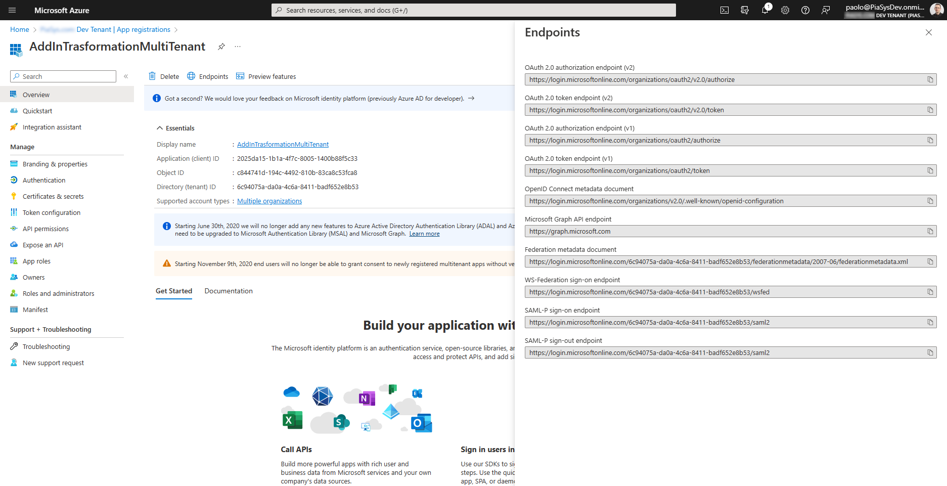 The Endpoints panel of an Azure AD application registered as multi-tenant. All the URLs of the OAuth and OpenID Connect endpoints have the organizations keyword instead of an explicit tenant ID.