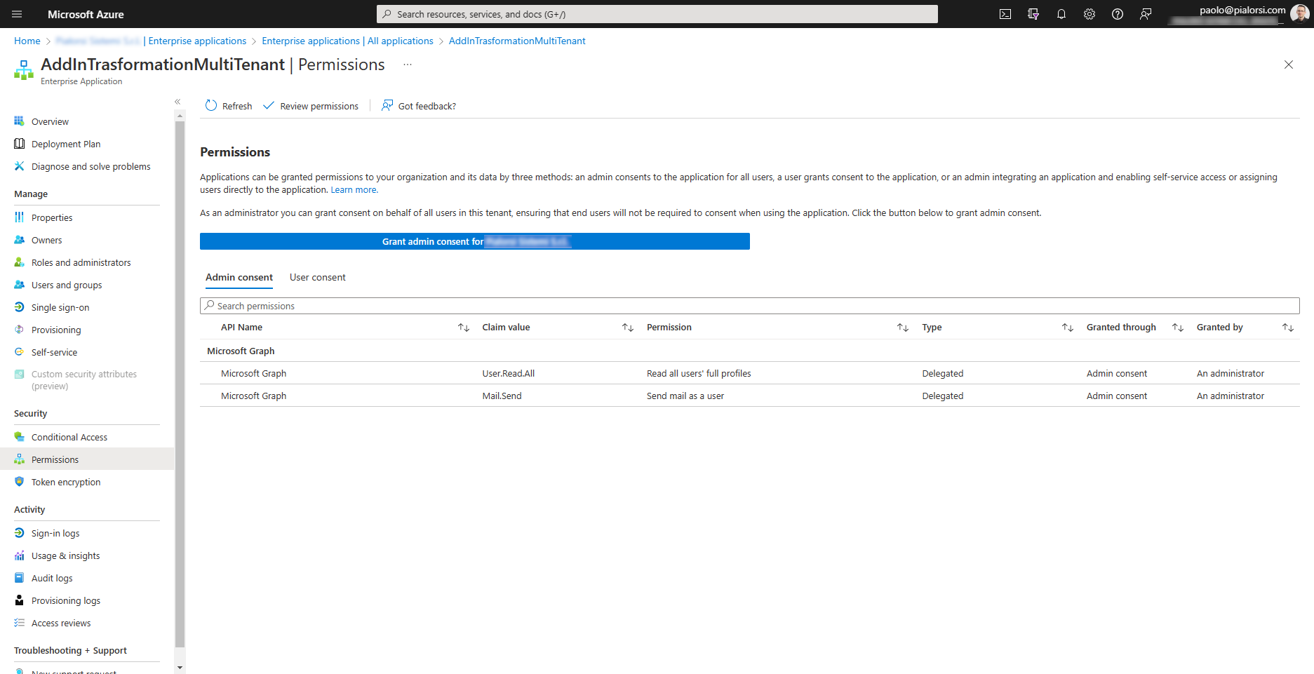 The enterprise applications in Azure Active Directory.