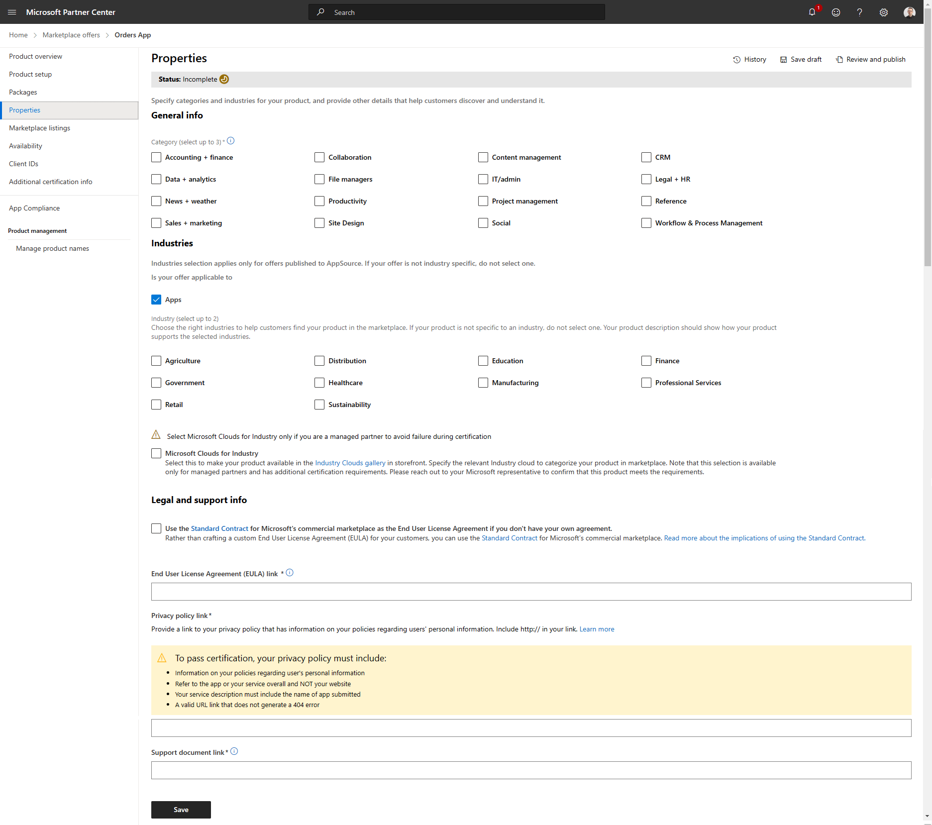 The product configuration step about "Properties" that includes product category, industries, legal information, documentation link.