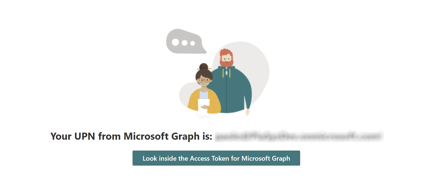 The interface of the sample web part about consuming Microsoft Graph from SharePoint Framework. There is an header with the current user's User Principal Name and a button to press in order to inspect the content of the Microsoft Graph Access Token