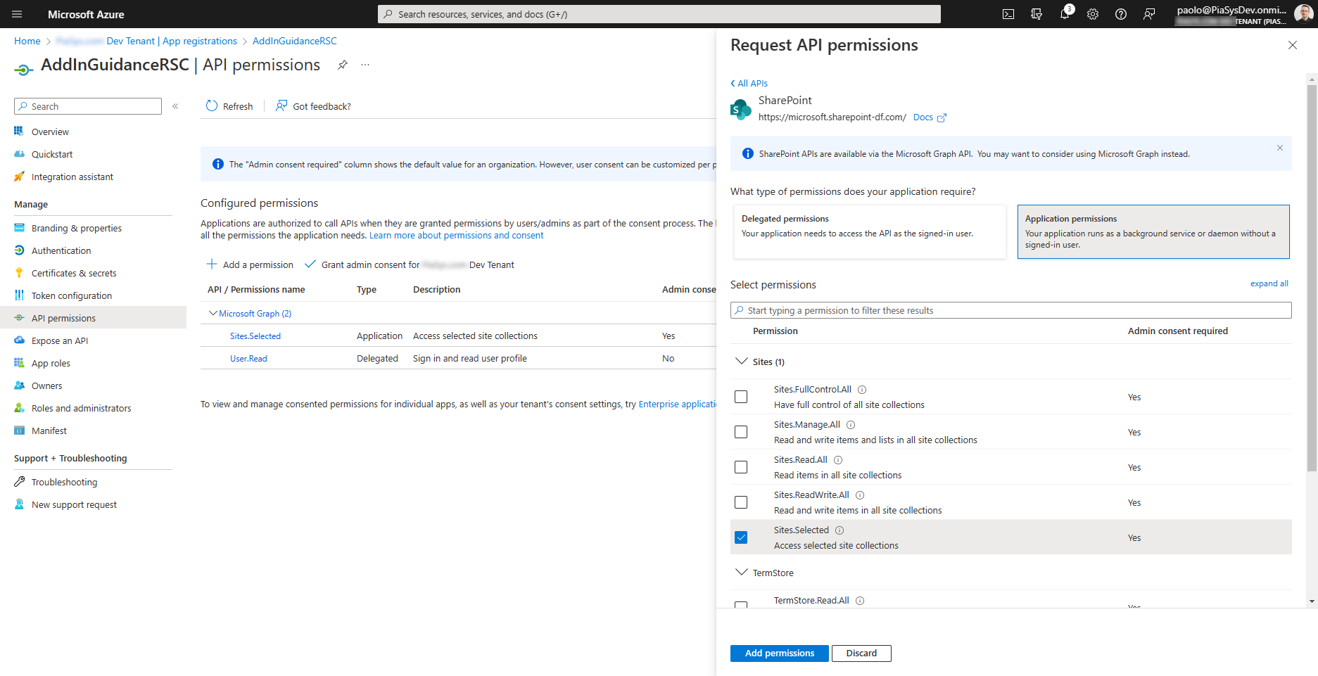 The UI of Microsoft Entra when configuring the Sites.Selected application permission for an application via SharePoint Online.