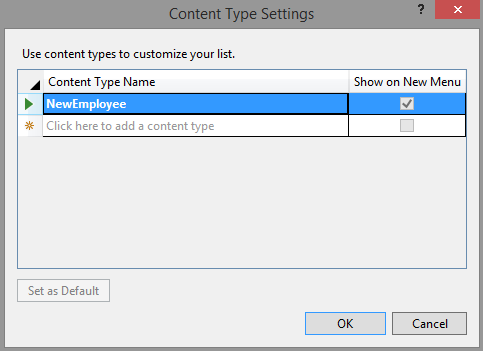 The Content Type Settings dialog with just a single content type, named NewEmployee, listed.