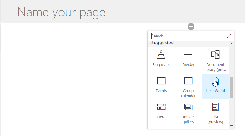 HelloWorld web part visible in web part picker for modern page