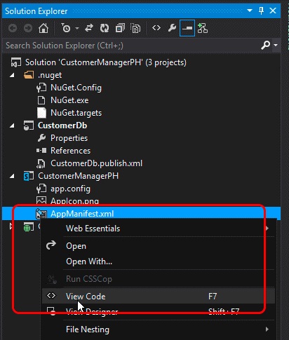 App manifest context menu in Visual Studio