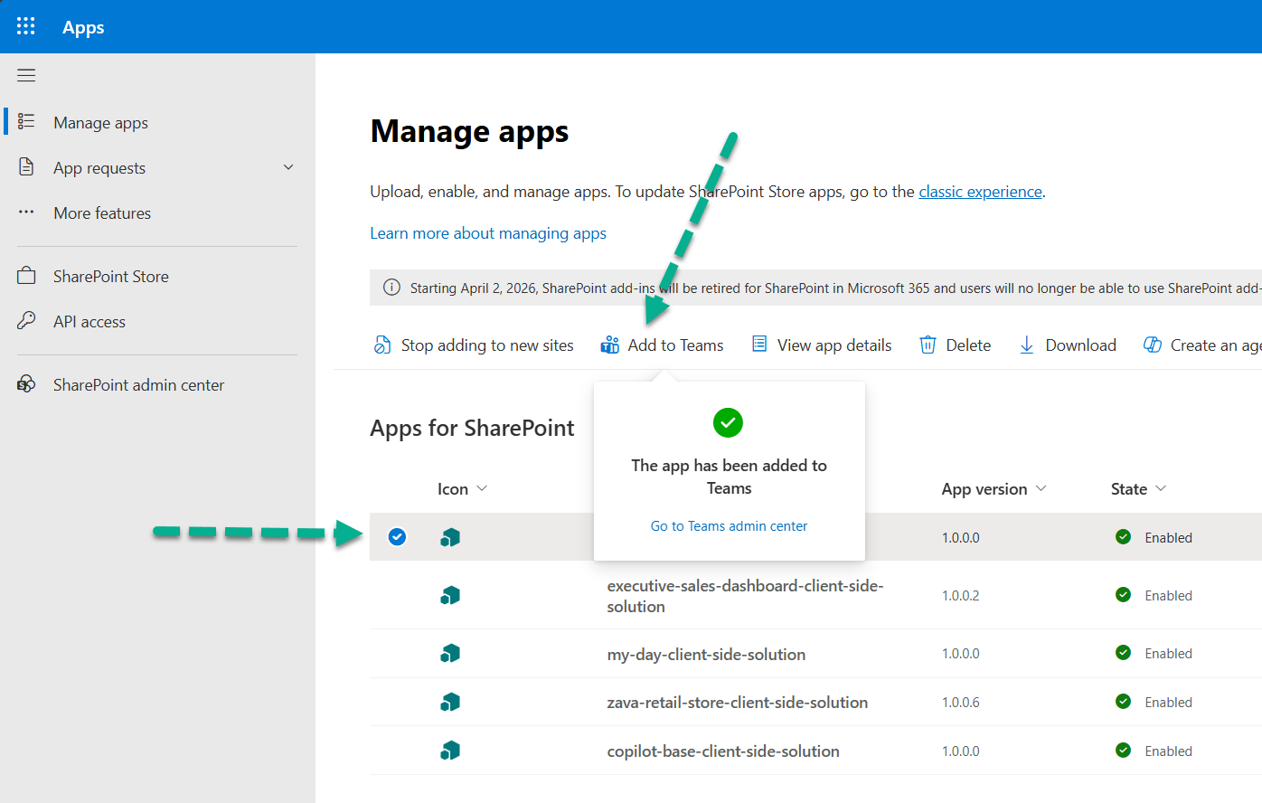 Placeholder: syncing the agent to the tenant agent catalog with Add to Teams