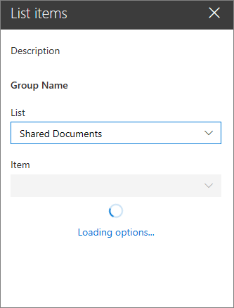 Item dropdown loading available items after selecting a list in the list dropdown