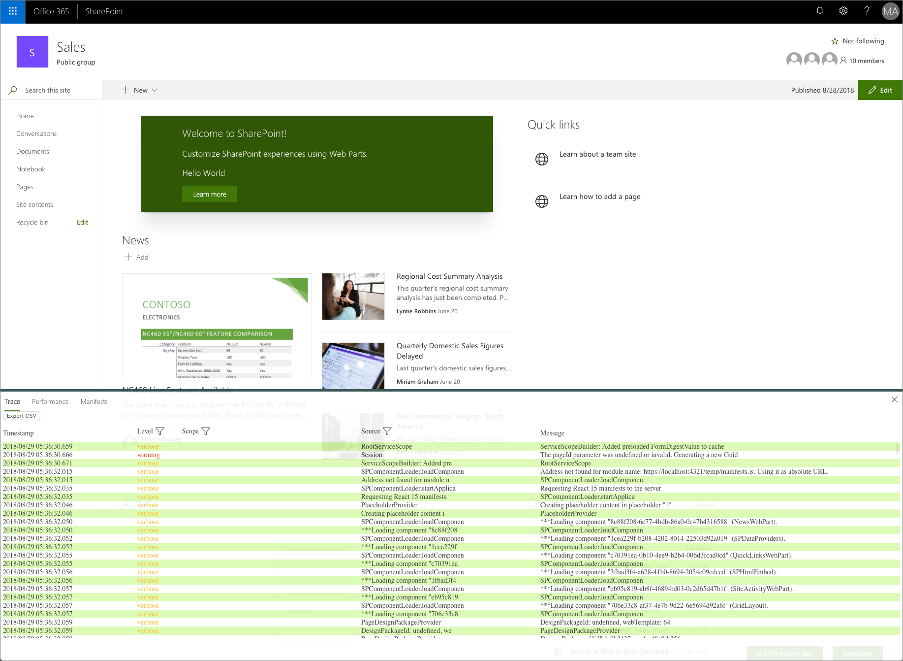 Developer dashboard activated on a modern SharePoint page
