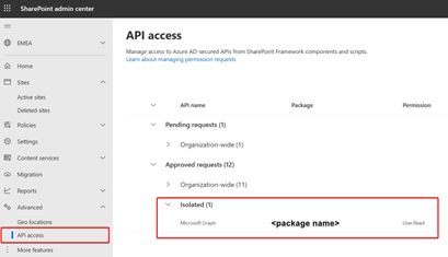 SharePoint admin center showing the permissions granted for domain isolated web parts