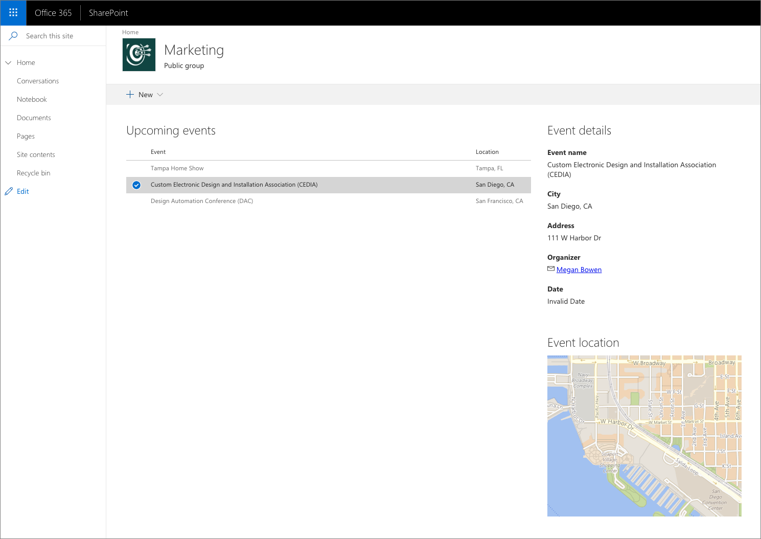 Three SharePoint Framework web parts connected to each other showing information about events