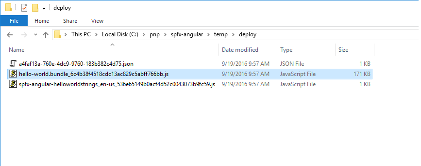 Screenshot of the File Explorer screen's deploy folder showing the Hello World bundle JavaScript file being highlighted.